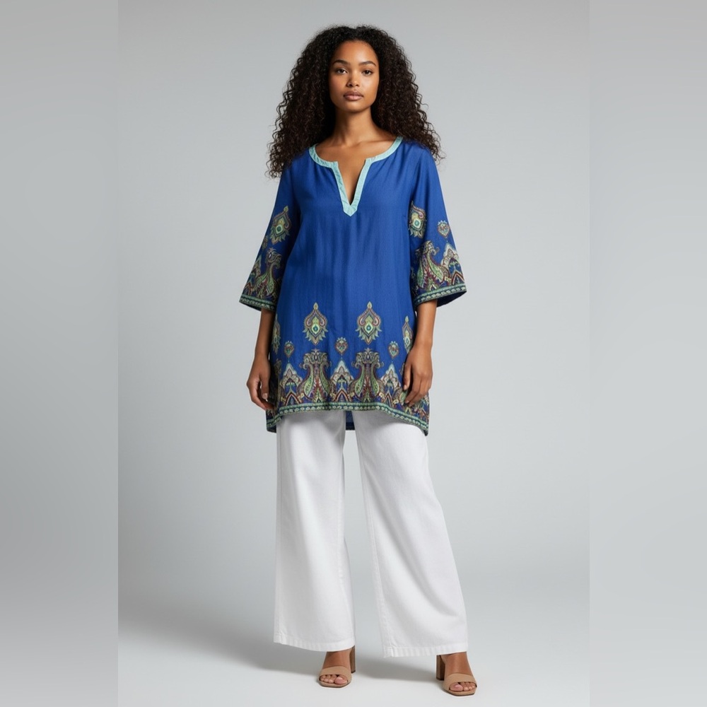 Old Navy Women’s Blue Paisley Cotton Tunic Top Medium Boho Coastal V-Neck